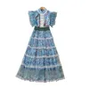 Sommer-Herbst-ärmelloses Kleid mit Stehkragen, blauer Tüll, Blumendruck, getäfelte Knöpfe in der Mitte der Wade, elegante Freizeitkleider 22Q280029, Übergröße XXL