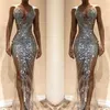 UPS Gorgeous Silver Mermaid Prom Dresses 2022 Sexy See przez Cekiny Bodice Split Długie Kobiety Okazja Suknie wieczorowe Custom Made