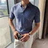 Polos masculinos de estilo britânico de verão listras verticais camisa camisa de manga curta slim fit