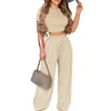 Summer Elegant Women Solid Casual Fitness Tracksuit Set Outfits Short Sleeve Crop Tops Trouser Flare Pants 2 Two Piece Set 220611
