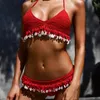 Womens Badmode 9 Kleuren Gebreide Bikini Shell Kwastje Vrouwen Thong Halter Braziliaanse Biquinis Vrouwelijke Gehaakte Badpak Zwempak Dames