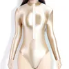 Sexy Women Shiny see through swimsuit Tights Plus size men Silky long sleeve Oily white body suit Front zipper T-shirt 220509