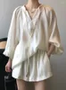 Kvinnors träningsdräkter Chiffon Solid 2 Pieces Women Shorts Set Loose Lantern Sleeved Blus and Wide Ben Elegant Office Lady Clothing