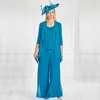 Kungliga Blå Tre Pieces Lace Mödrar Byxor med långärmad jacka Scoop Neck Pantsuits Chiffon Groom Mother Outfit