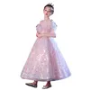 2122 Robes de fille de fleur rose pour le mariage en dentelle à paillettes Appliques florales jupes à plusieurs niveaux Girls Pageant Robe Kids Party Birthday Robes 403