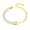 Bracciale classico con catena a maglie in zirconi rettangolari, gioielli con braccialetti con ciondoli e lucchetto in oro