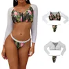 Costume da bagno donna 2 pezzi manica lunga scollo a V cerniera crop top e fondo bikini con costumi da bagno in rete