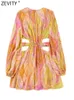 Zevity Women Vintage v Neck Cashew Nuts цветочный принт шифоновый мини -платье Женское шикарное с длинным рукавом излишние выпуск vestidos DS1845 220808