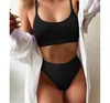 Damenbadebekleidung Sexy High Waist Bikini Frauen Solide Crop Top Badeanzug Pad Badeanzug Brasilianischer Biquini Push Up Bikinis Schwarzer Jersey
