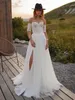 Élégant Sexy A-ligne Robe De Mariée Simple Chérie Dos Nu Demi Manches Dentelle Applique Split Boho Mousseline De Soie Robe De Mariée