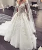 2022 elegante laço uma linha vestidos de casamento árabe sheer mangas compridas tule applique 3d floral frisado varredura trem nupcial vestido de casamento290s