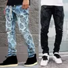 Erkekler Kot Siyah Düz Bacak Erkekler Moda Baskısı Orta Bel Mavi Yırtıcı Erkek Vintage Sıkıntılı Hip Hop Denim Pantolon Sokak Çarışları