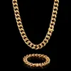 Hip Hop Cuban Link Chain ketting Bracelet Set zwaar 18K re￫le goud vergulde roestvrijstalen metalen ketting voor mannen