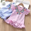 Fashion Stripe Dress Girls Short Sleeve Flower Princess Dresses 2022 Summer New Blue Pink 2 Color 6 Size Girl Ruffles Mini Dress