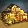 ビッグドールハウス DIY ミニチュア構築キットモデル和風木造住宅ライトドールハウス家具子供のおもちゃ大人のギフト AA220325