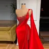 Red Sexy Mermaid Prom Dresses Bateau Neck Sequins Beads Sleeveless One Shoulder Glitter Elegant Floor Length High Side Split Evening Formal Dresses Girls Gowns