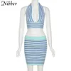 Nibber Y2K Sexy Blue Stripe Knit 2 Conjuntos de dos piezas Mujeres con cuello en V Crop Top y minifaldas flacas de fuerza elástica Trajes de club de verano 220602
