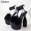 Sandales Eilyken Noir Rose Plume Femmes Plate-Forme Cheville À Lacets Chaussures Bizarre À Talons Hauts Femme Croix Attachée Robe De Soirée Sandales 220318