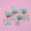 1Pc Blue Pompom Letter Keychain English Alphabet Keyring Glitter Gradient Resin Car Mirror Accessory Women Handbag Charms