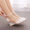 Womens Wedding Shoes Bride Wedges High Heels Pearl Rhinestone White Lace Flower Female Pumps