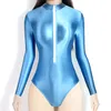 Sexy Women Shiny see through swimsuit Tights Plus size men Silky long sleeve Oily white body suit Front zipper T-shirt 220509
