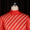 Plus Size Jurken Rood Maxi Shirt Dames Lange Mouw See Through Striped Stand Collar A Line Casual Longue Robes Vestidos Elegante