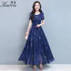 Artı boyutu elbiseler mavi kadınlar elbise şifon çiçek vestido maxi boho yaz sukienka ropa mujer bornoz longue femme chic vestidos 220518