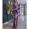 Trendiges lila langes Kleid mit tiefem V-Ausschnitt, elegante volle Ärmel, hoher Schlitz, Abschlussball, sexy Mermsaid, bodenlange Abendkleider 328 328