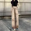 Yeni Kaki Yırtık Kotlar Kadınlar İçin Sokak Traild Gevşek Düz Pantolon 90'lar Harajuku Tarzı Yüksek Bel Kadın Pantolon L220726