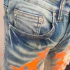 Erkekler kot homme marque de lüks turuncu yıldız deri patchwork jean hole repair sokak kıyafetleri yırtık erkek motosiklet pantmenler