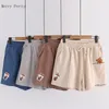 Cartoon Bear Embroidery High Waisted Shorts For Womens Summer Clothing Sweet Style Ladies Kawaii Cute Drawstring Bottoms 220419