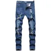 Gingtto Blue Ruped Jeans для мужчин Супер растяжение мужских брюк. Проблемные фальшивые дизайнерские бренды мужски джинсы скинни Fit Street Wear Оптовая 2339