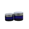 Glossy Blue Glass Bottle Matte Sliver Lid With Line Empty Skincare Sunscreen Cream Jars Portable Cosmetic Emulsion Pots Eye Cream Packaging Container 20g 30g 50g