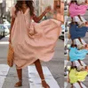 2022 Summer New Women Fashion Bohemian Short Sleeve Casual Loose Dress Sexy V Neck Midi Dress Female Solid Ruffle Asymmetrical Plus Size Dresses