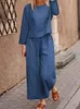 Women Casual Simple Two Piece Set Round Neck Cotton Linen Shirt Pullover and Elastic Waist Outfits Spring Autumn Solid Suit 220315