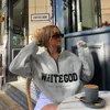 Kadınlar vintage ön fermuarlı mektup gevşek sweatshirt uzun kollu beyaz renk yüksek cadde büyük boyutlu kapüşon 2021 Sonbahar Yeni Pullover T220726