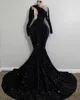 Sexy Hoge Hals Lange Mouwen Avond Formele Jurken Sparkly Black Sequin Beaded African Aso Ebi Black Girls Mermaid Long Prom Reception Jurk