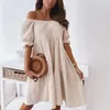 Vestido de pescoço sexy Slash Women Women Summer Pleated Puff Sleeve Backless Party Beach Dressos Ladies Senhoras elegantes Robe de vestido de joelhos sólidos 220527