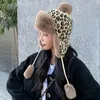 Berets 2022Winter Beanie Hat For Women Caps Leopard Knitting Thick Warm Faux Fur Ear Protector Soft Fluffy Earflap Bombe Hats ForWomen