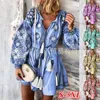 Quaste Schärpen Mini Kleider Frauen Sommer Herbst Sexy V-Ausschnitt Boho Kleid Böhmische Blumenbedruckte Strand Vestidos