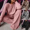Women's Two Piece Pants Vintage Sweater Set Elastic Waist Ribbed Floor-Length Hooded Top Loose TracksuitWomen's