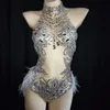Scena zużycie błyszczące srebrne kryształy siatka body bodysuit kobiety piórkowe strój z pierzastym strój dla kobiecej baru taneczny kostium celebrowany dress sanstage
