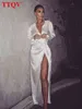 TTQV Sexy Noir Satin Femmes Robe 2022 Mode Mince Col En V À Manches Longues Midi Robe Dames Moulante À Lacets Fente Robes De Soirée T220804