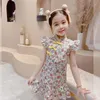 Sukienki dziewczyny Summer dziewczynka qipao dzieciak chiński styl cheongsam guzika dziecko tradycyjny kostium etniczny uroczy latające rękawy kwiatowy dr