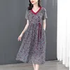 8626# YM Nya sommarkvinnor Casual Dresses V-ringen Kort ärmtryck Bälte snörning Lous Fashion Dress M-XXXL