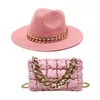 Berets Set Straw Hat And Bag Gold Chain Ladies Leather Tote Fedora Party Jazz HatBerets BeretsBerets