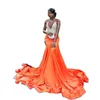 Pomarańczowa syrena Zastosowane sukienki na studniówkę Sheer Jewel Neck cekinowe suknie wieczorowe Czarna dziewczyna z koralikami pociąg satynowy sukienka formalna