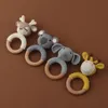 Rattles Mobiles 1pc Wooden Crochet Bunny Rattle Toy BPA Free Wood Ring Baby Teether Rodent Baby Gym Mobile Rattles born Educational Toys 220909