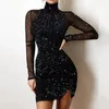 Mesh Şeffaf Seksi Siyah Kadınlar Elbise Parlak Baskı Baskı Yelttlanları Uzun Kollu Bodycon Akşam Partisi Mini Vestidos 220721