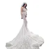 Illusion Sparkly Mermaid Abito da sposa Perline Sheer Neck Manica lunga Abiti da sposa 3D Appliques in pizzo Abiti da sposa de mari￩e